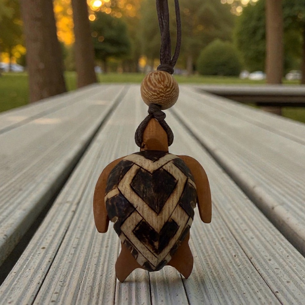 Vintage ‘80s Handmade Wooden Turtle Coastal Pendant Necklace